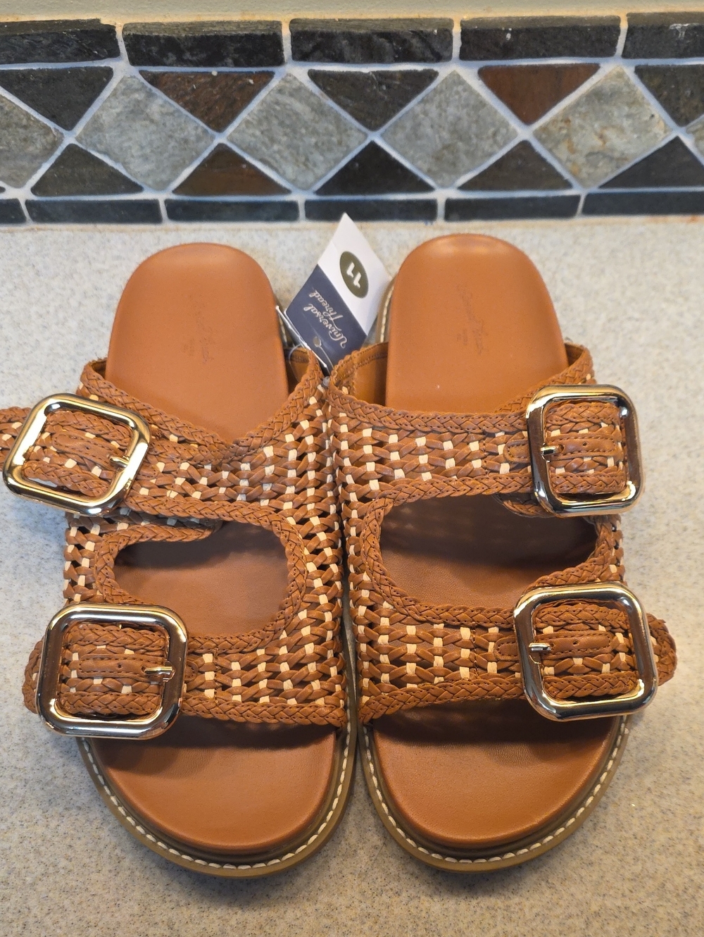 Woven Double-Buckle Slide Sandals - Brown